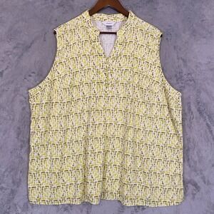 CJ Banks Sleeveless Top Sz 3X Green Geometric Linen Blend Split Neck Coastal